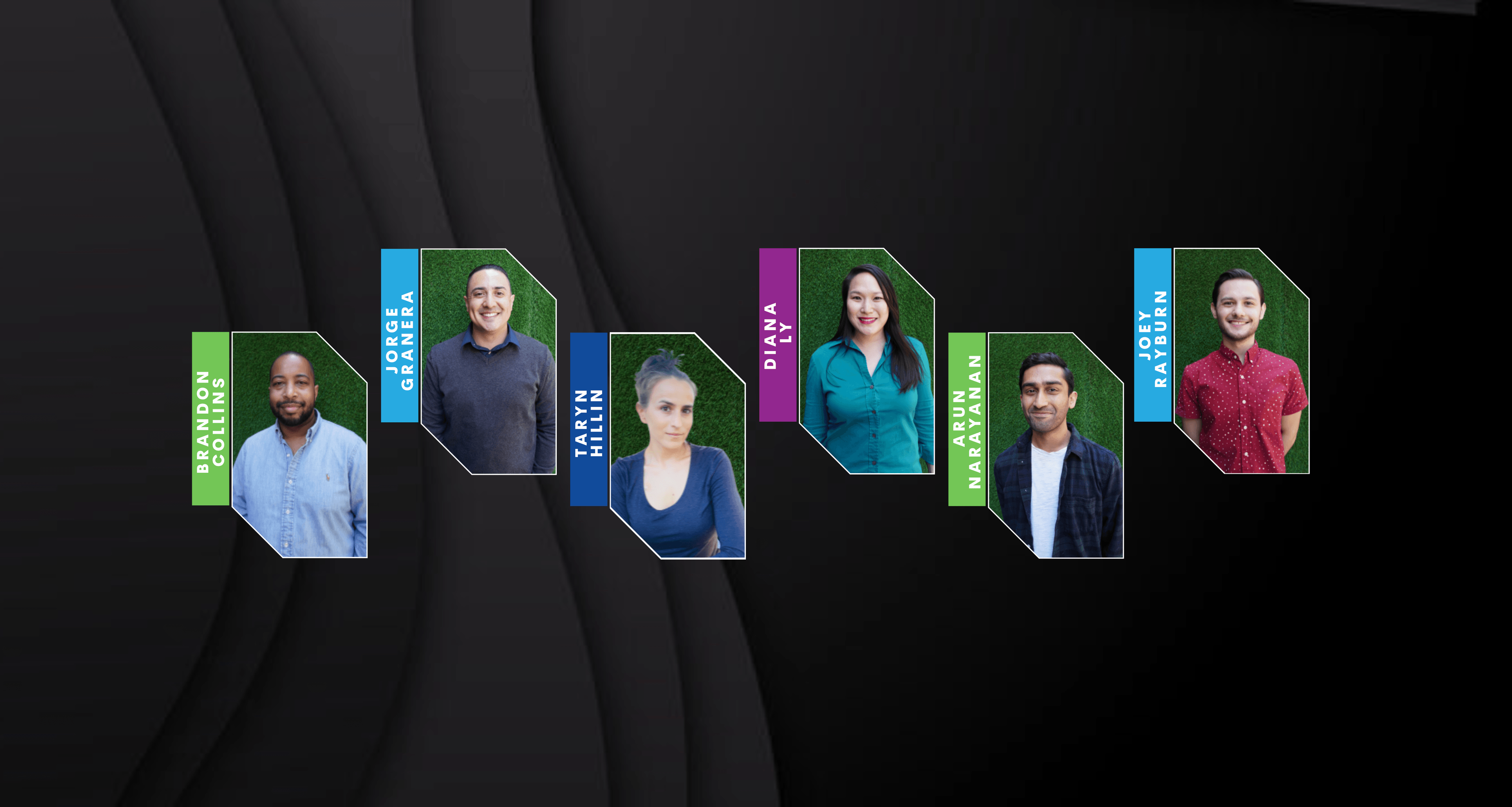 Six head shots of the Universal Writers Lab 2022 participants - (left to right) Brandon Collins, Jorge Granera, Taryn Hillin, Diana Ly, Arun Narayanan, Joey Rayburn