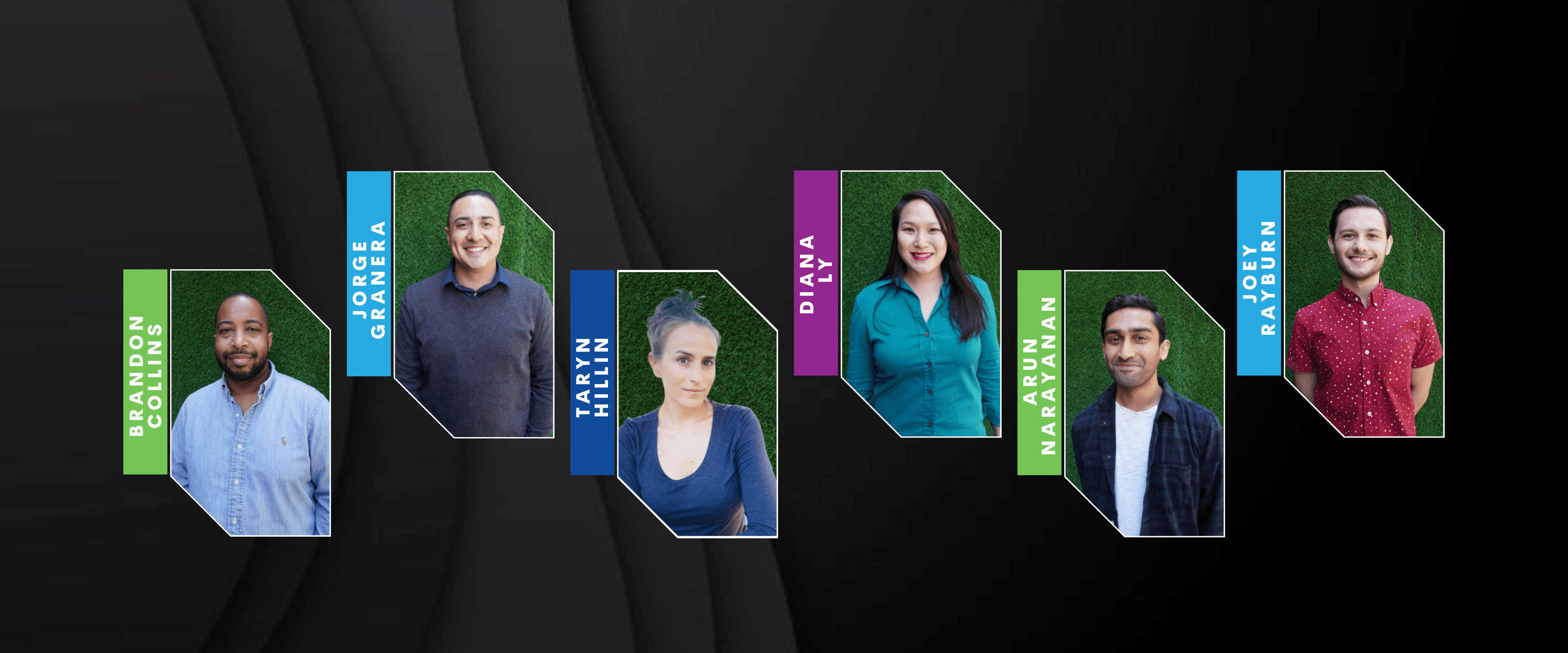 Six head shots of the Universal Writers Lab 2022 participants - (left to right) Brandon Collins, Jorge Granera, Taryn Hillin, Diana Ly, Arun Narayanan, Joey Rayburn