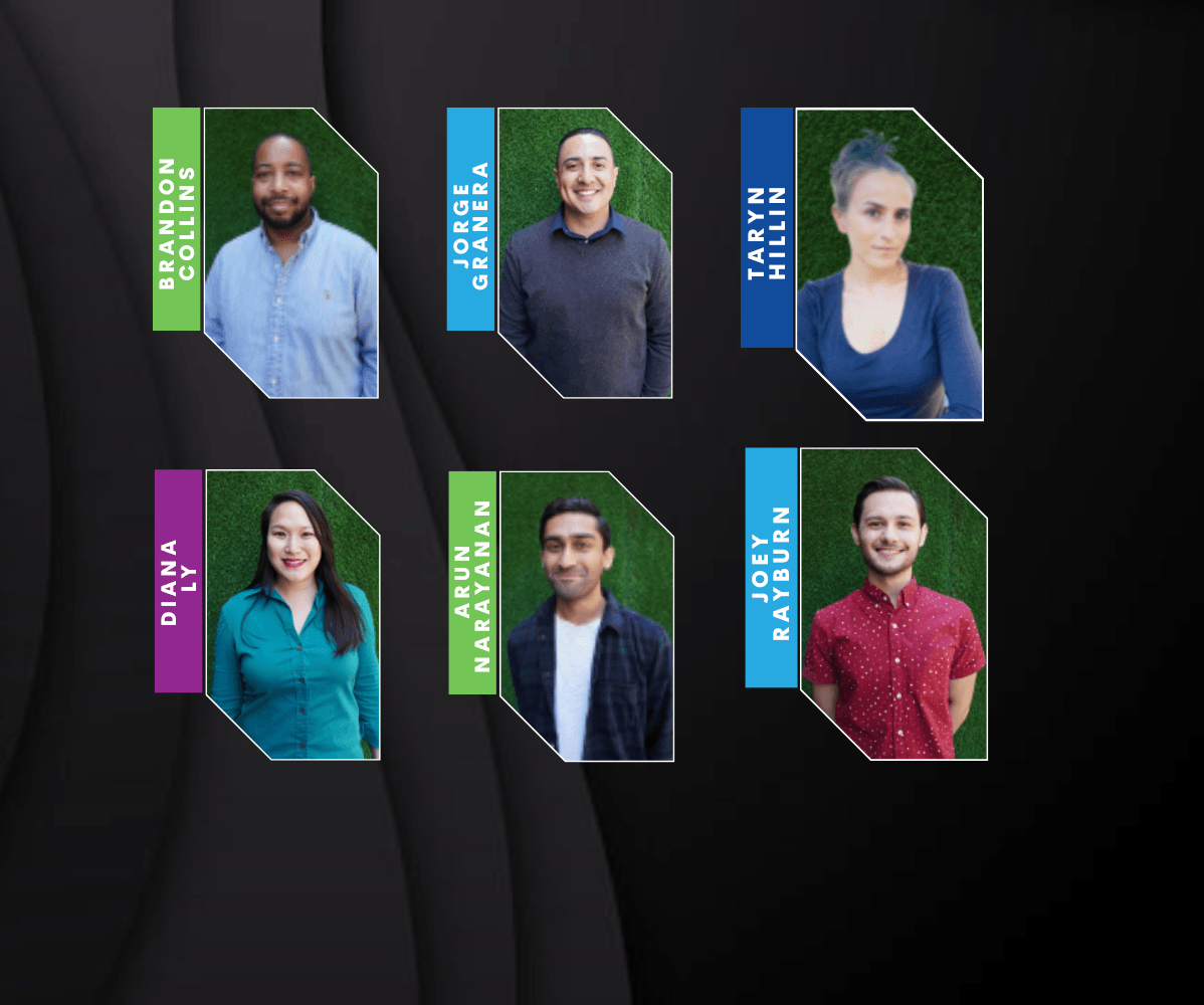 Six head shots of the Universal Writers Lab 2022 participants - (left to right) Brandon Collins, Jorge Granera, Taryn Hillin, Diana Ly, Arun Narayanan, Joey Rayburn